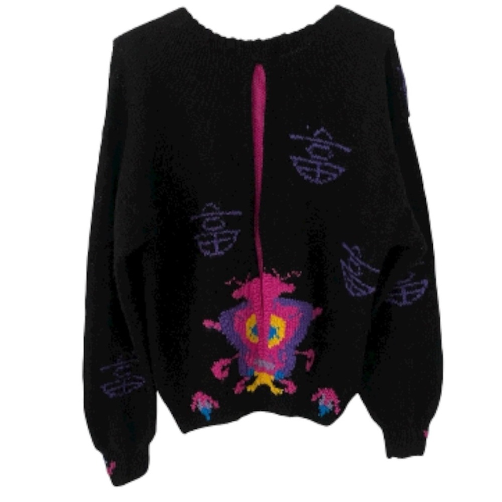Vintage 80s 90s Norm Thompson Colorful Funky Wool Sweater Black Pink Women’s M